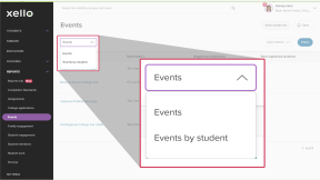 Events report in Xello. The Events dropdown is highlighted with the option to view the report of Events or Events by student.
